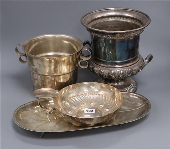 A Deco silver plated ice bucket, campana ice bucket and two other items